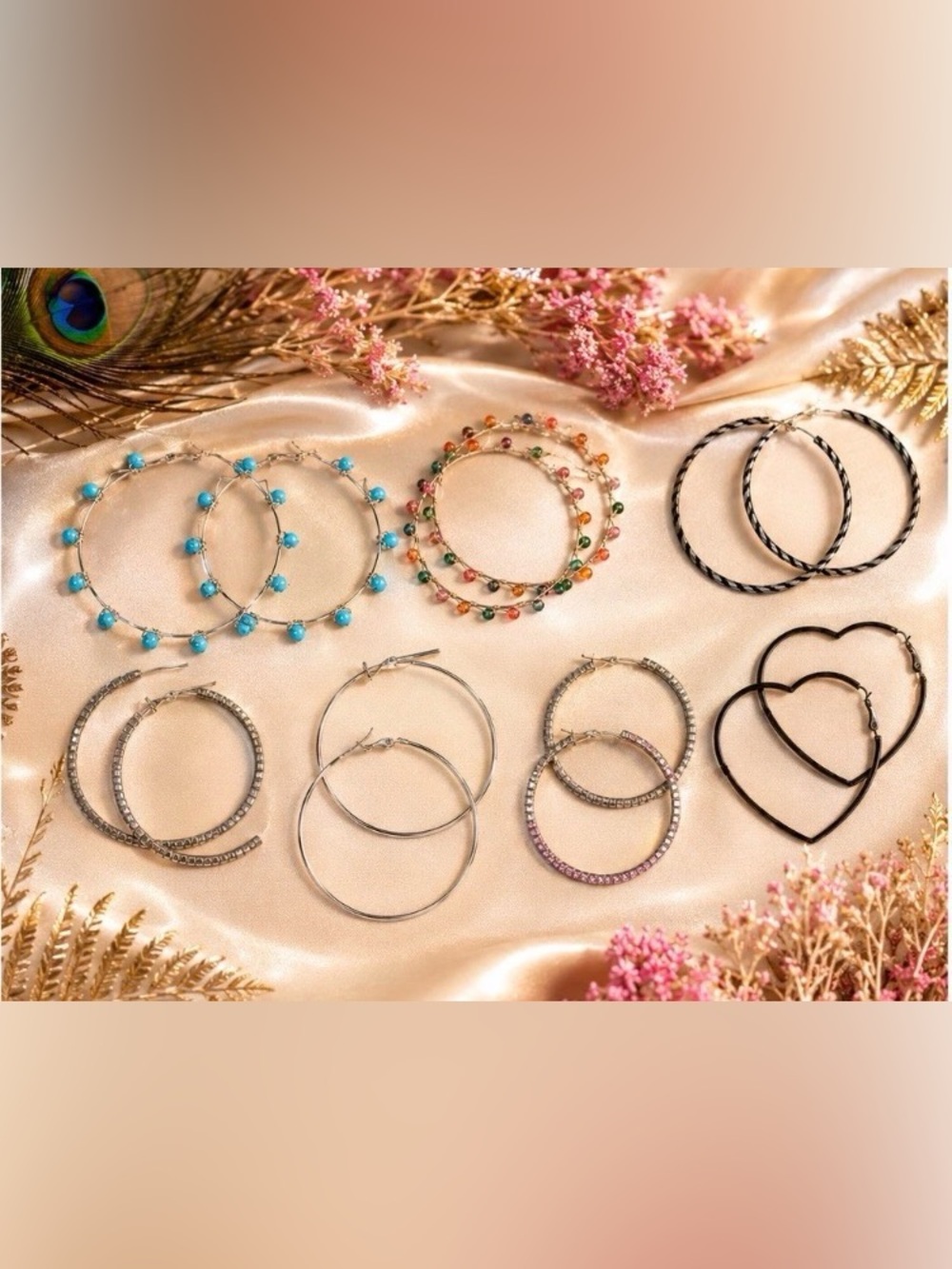 7pc Assorted Boho Glam Hoop Earrings ~Mixed Sizes~ Beaded, Crystal, Zebra, Wire